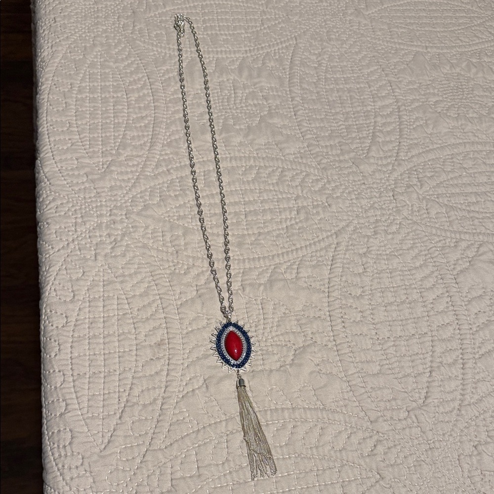 Silver Necklace with Red and Blue Pendant